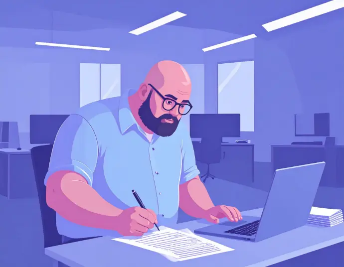 a fat bald man writes a document