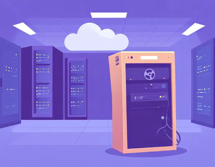 an old 1980s computer inside a modern data centre to represent the past and future of erp