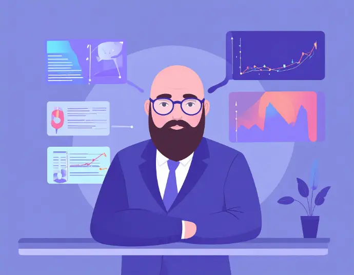 A bald man looks intensely with graphics behind him