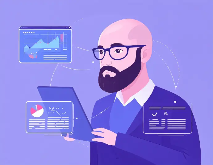 a bald man with glasses looks at a tablet